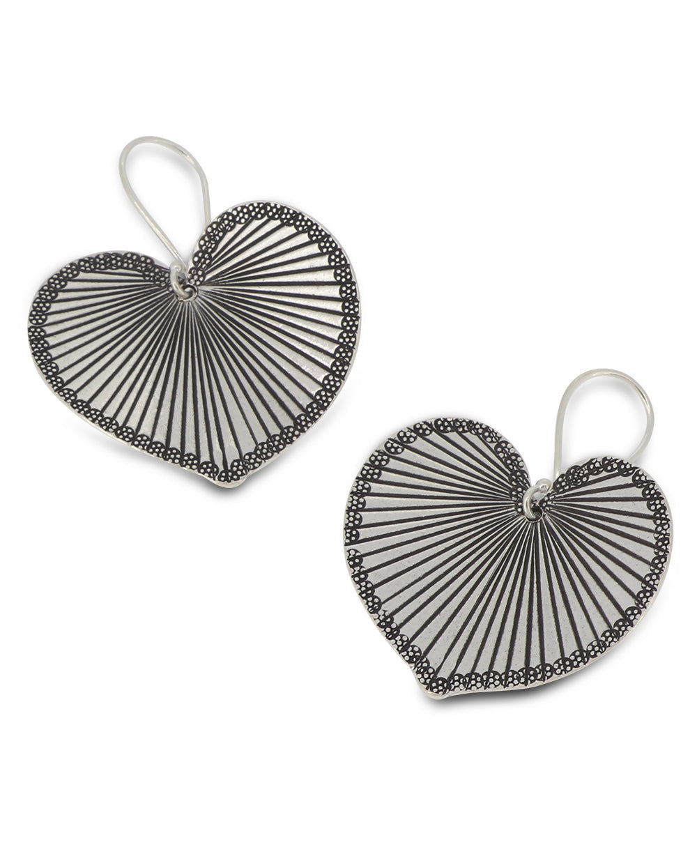 Hand-Engraved Silver Heart-Leaf Drop Earrings