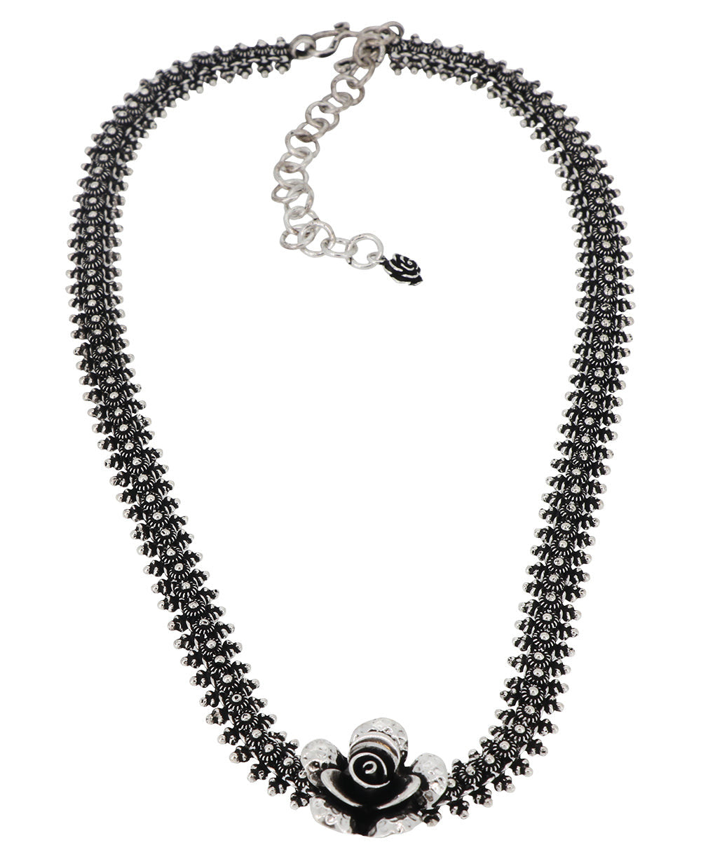 Silver Floret Collar with Oxidized Rose Centerpiece