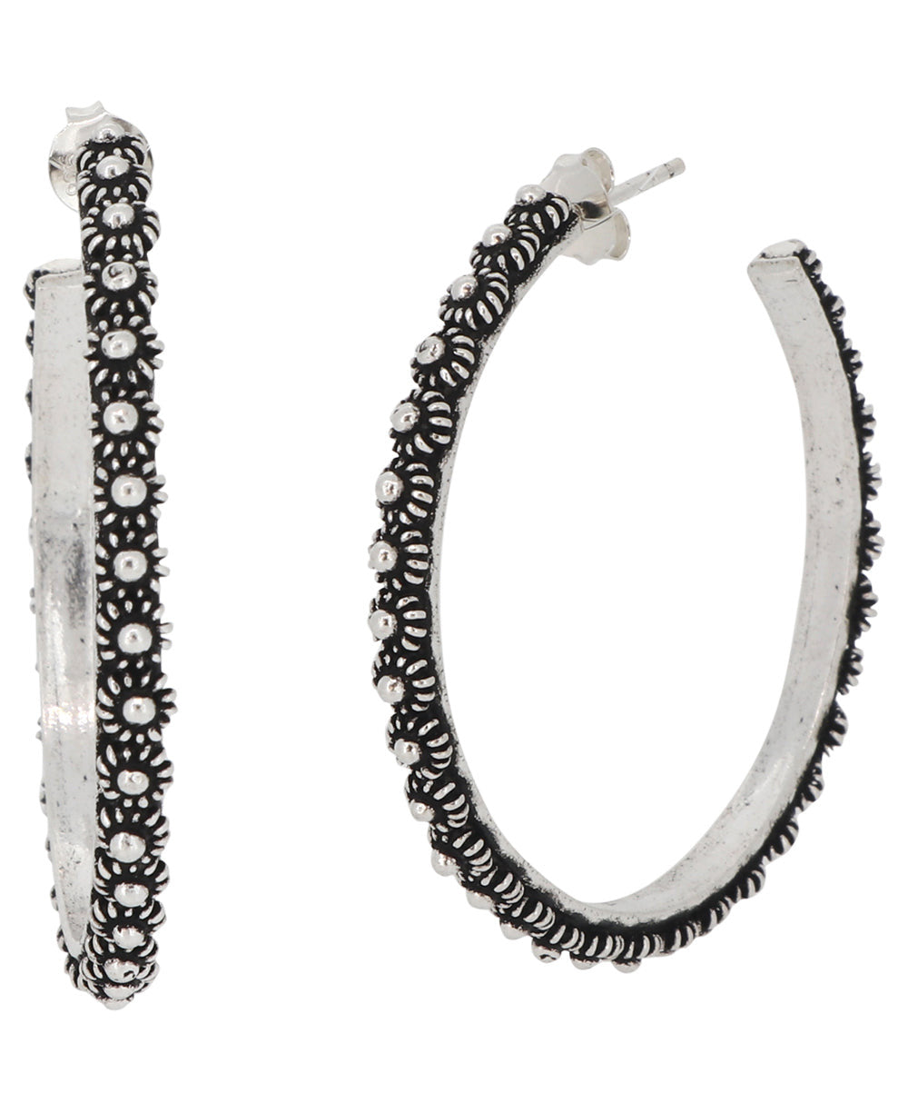 Beaded Floral Hoop Earrings in Hill Tribe Silver