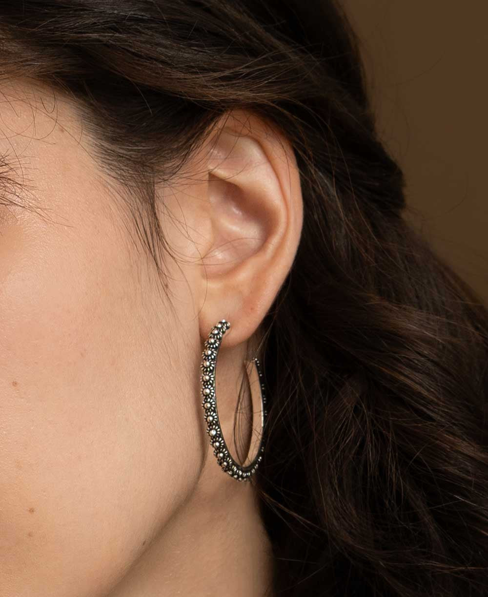 Beaded Floral Hoop Earrings in Hill Tribe Silver