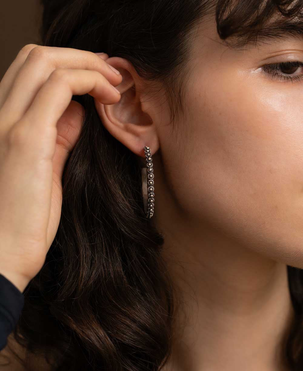 Beaded Floral Hoop Earrings in Hill Tribe Silver