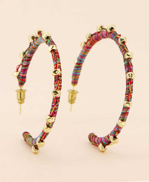 Multicolor Thread-Wrapped Hoop Earrings with Gold Beads