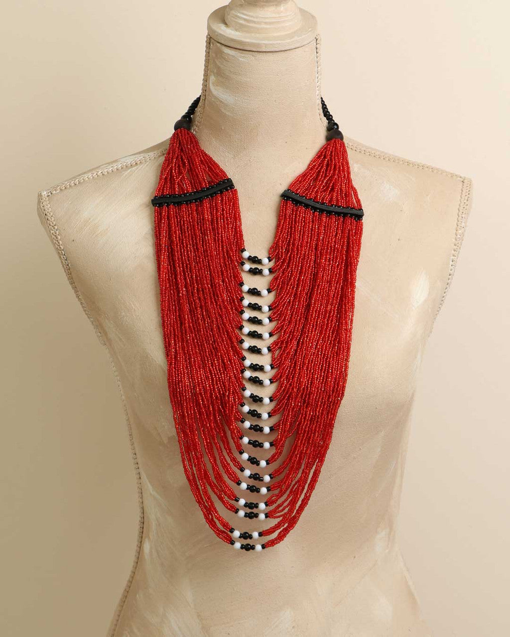 Red Bead Fringe Necklace with Black-and-White Spine