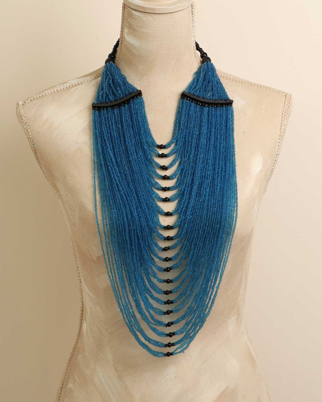 Blue Bead Fringe Necklace with Black Ladder Spine