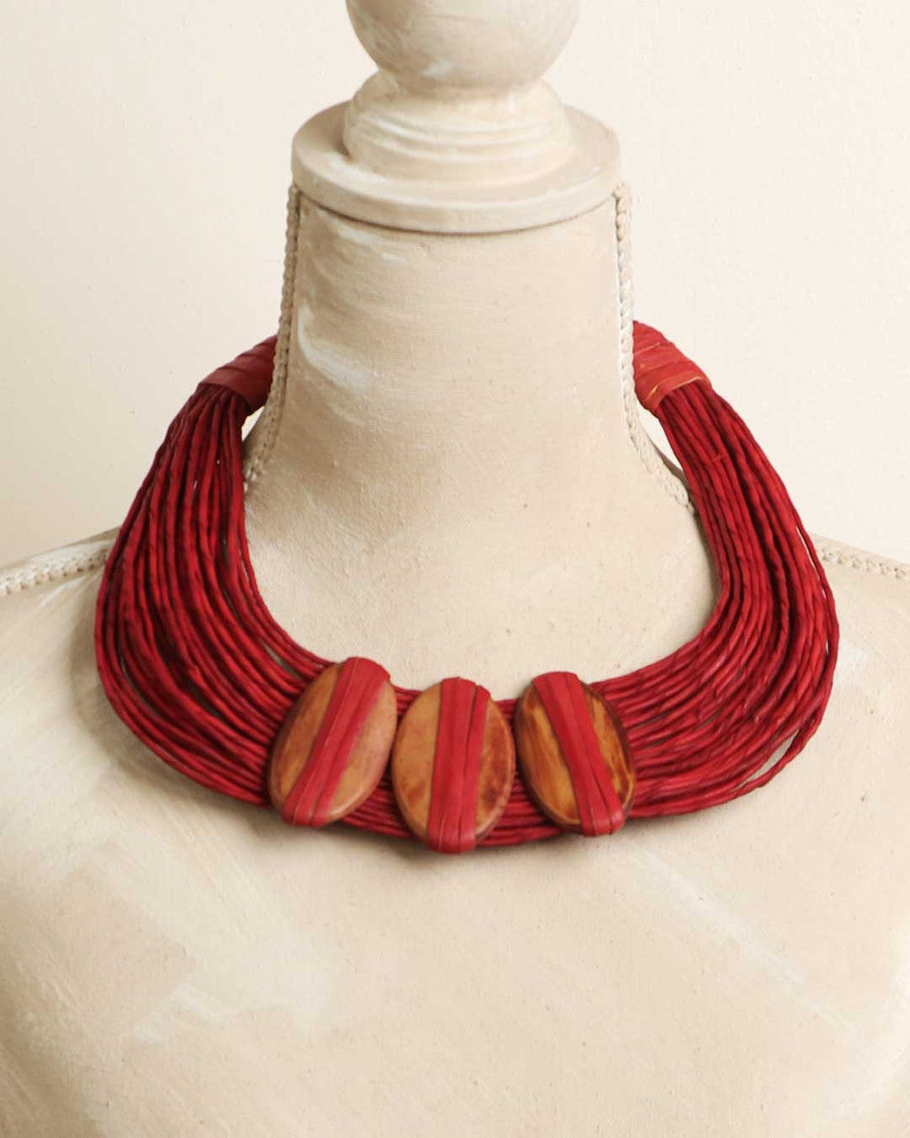 Red Cord Collar Necklace with Horn Ovals