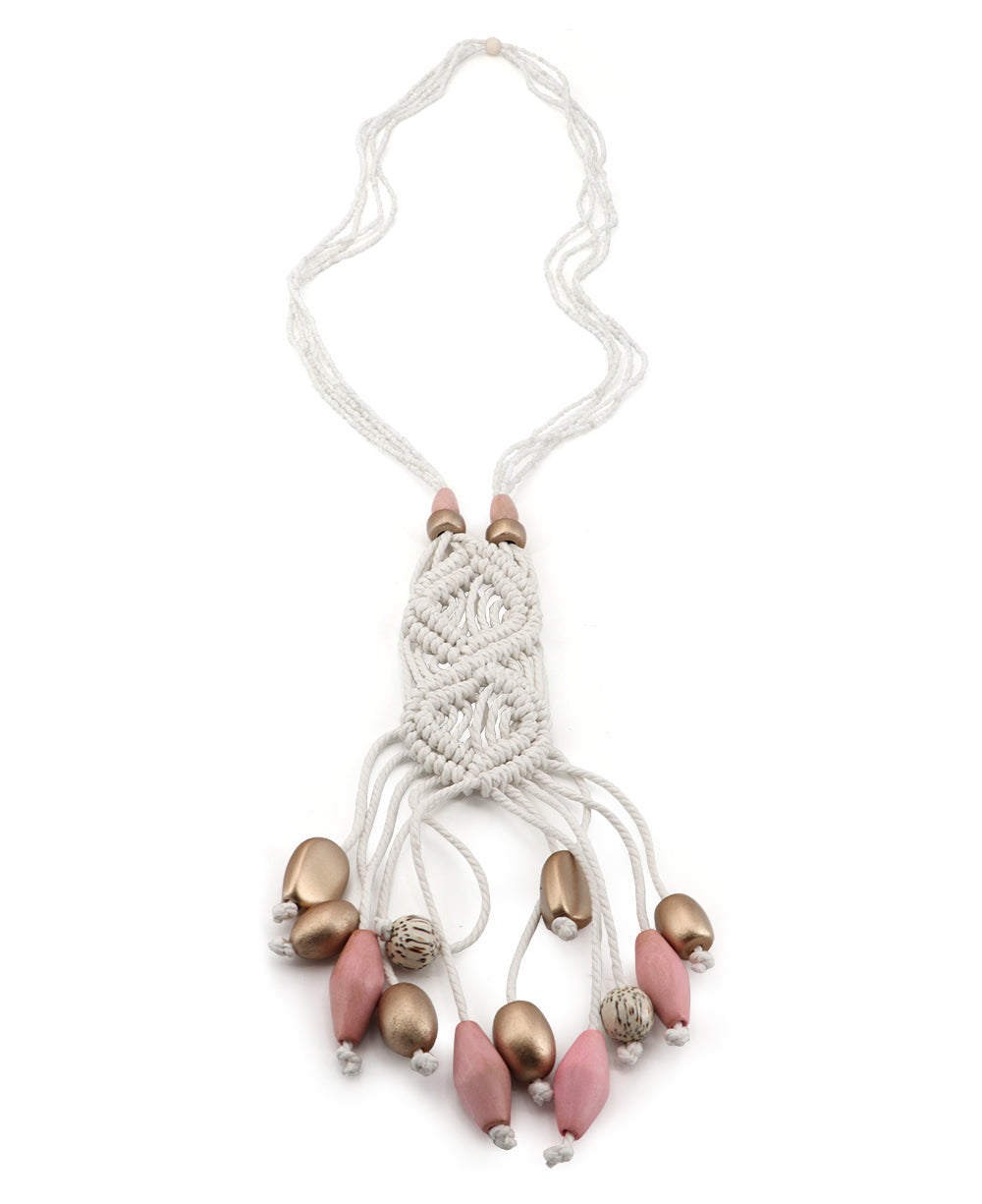 Long Ivory Macramé Pendant Necklace with Blush Wood Bead Fringe