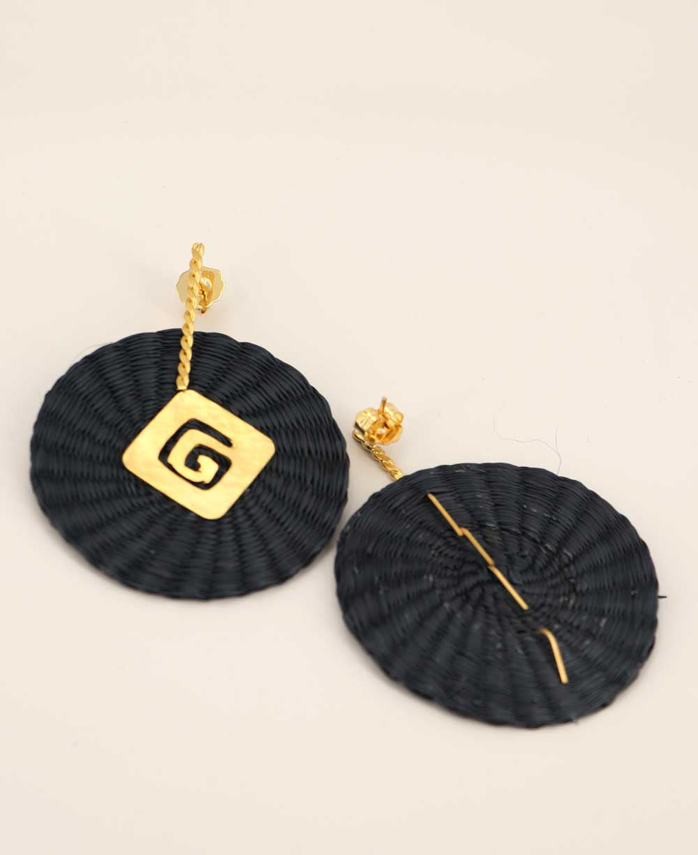 Woven Black Disc Earrings with Gold Spiral Charm