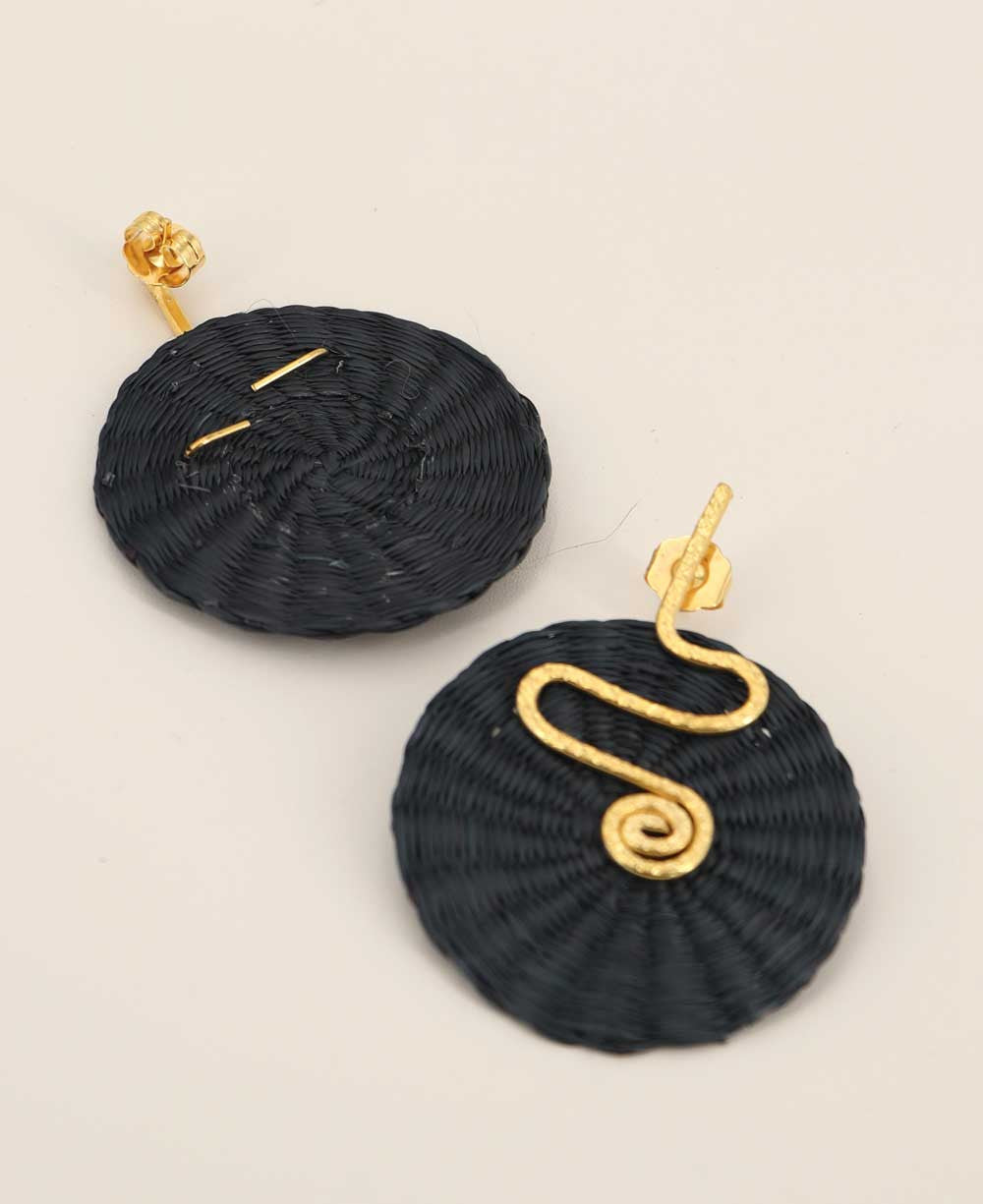 Woven Black Palm Earrings with Gold Spiral