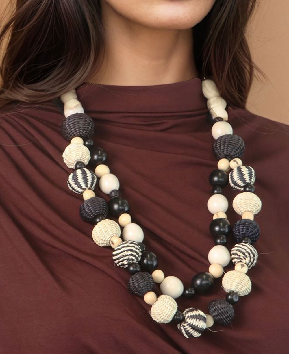 Woven Iraca and Acai Bead Double-Strand Necklace