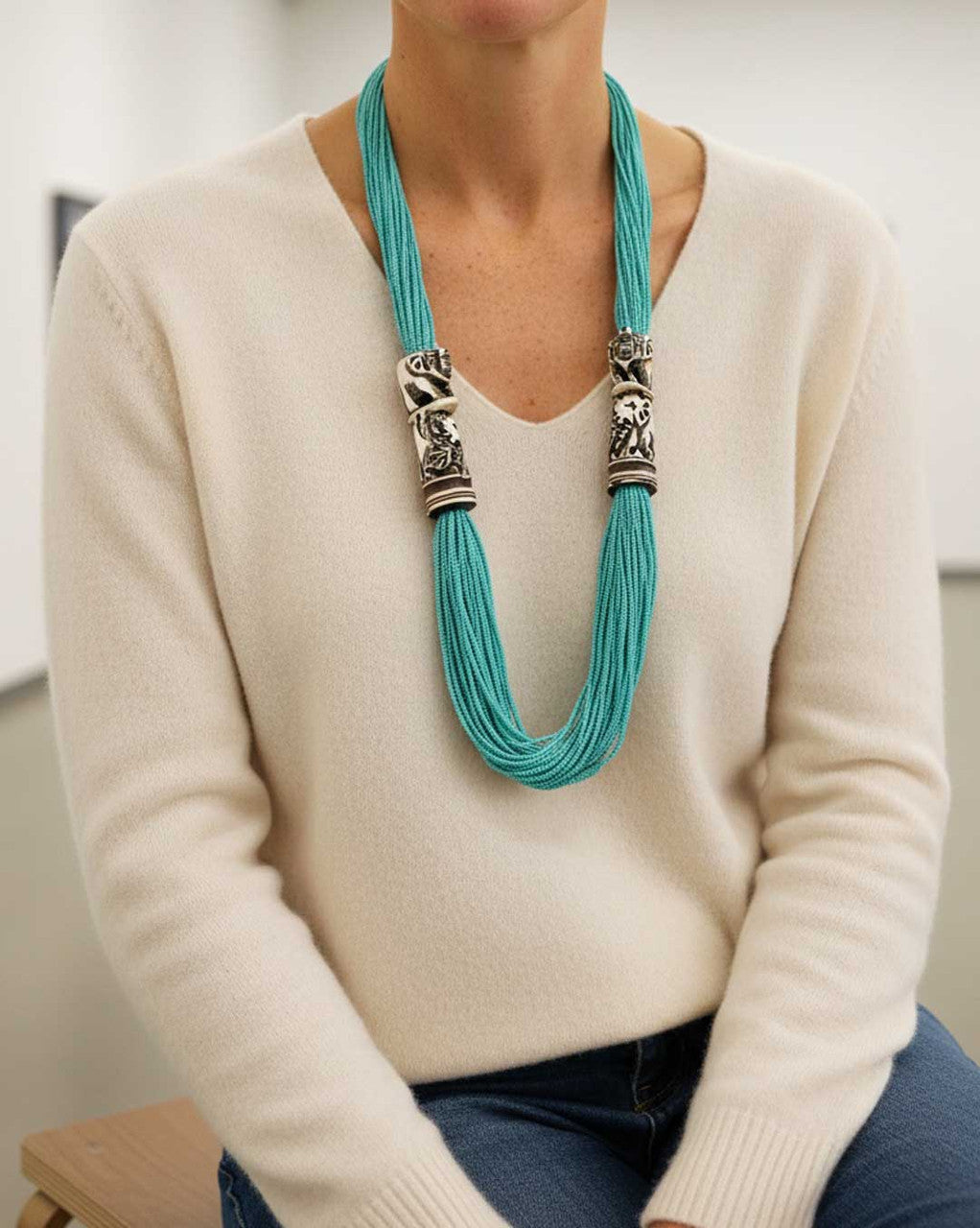 Turquoise Seed Bead Necklace with Carved Bone Elephants