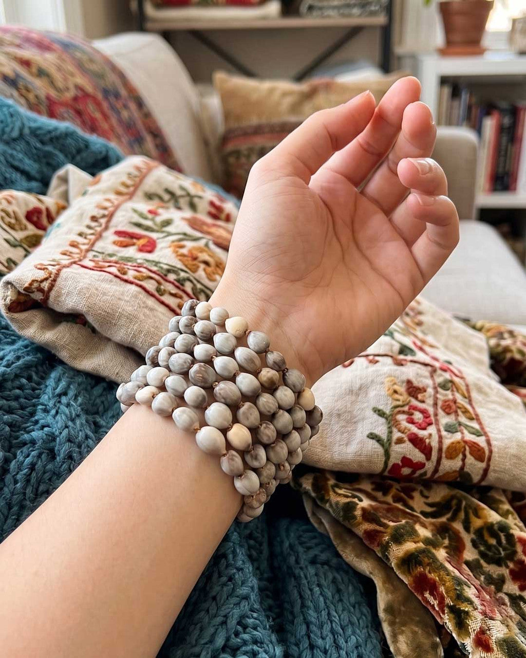 Six-Coil Job's Tears Cuff in Gray and Cream