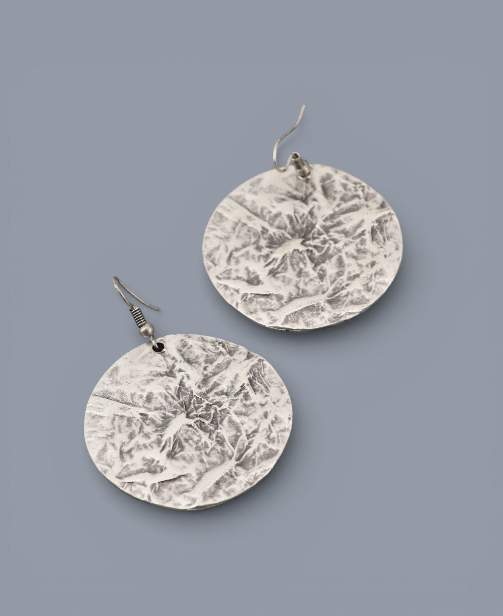 Crushed Silver Disc Drop Earrings