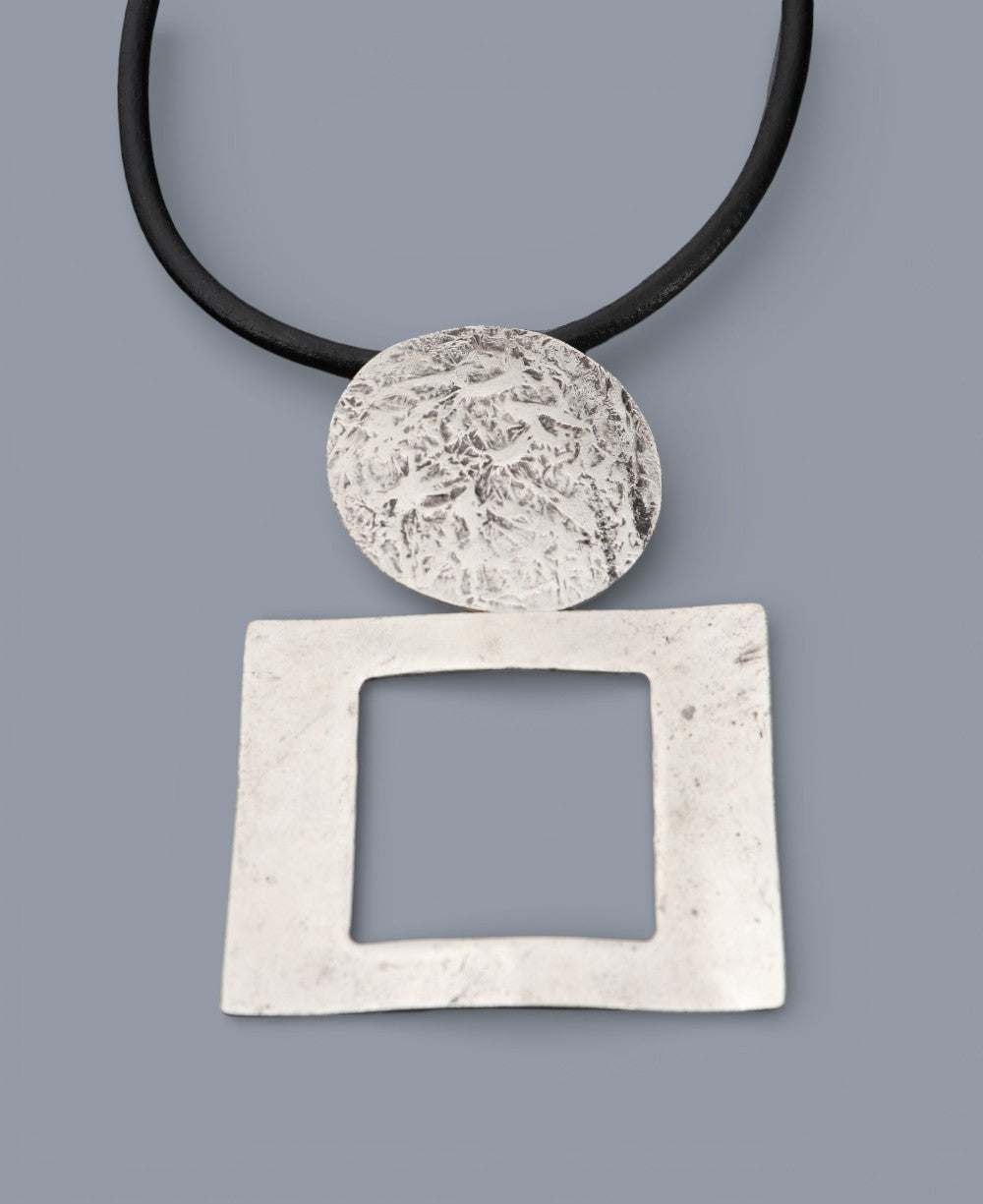 Textured Disc and Open Square Pendant Necklace