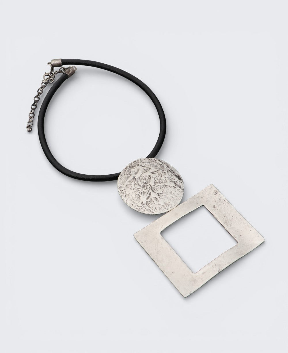 Textured Disc and Open Square Pendant Necklace