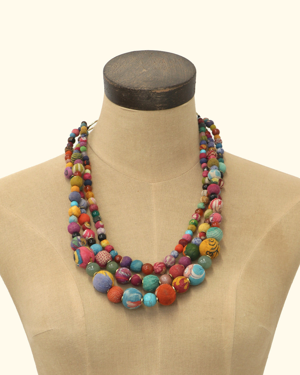 Multicolor Three-Strand Kantha Bead Necklace
