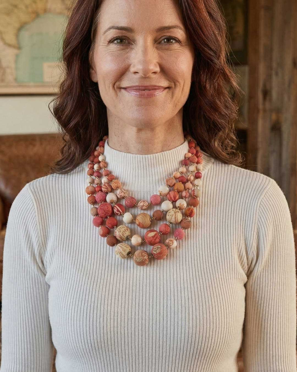 Layered Kantha Necklace, Warm Sunset