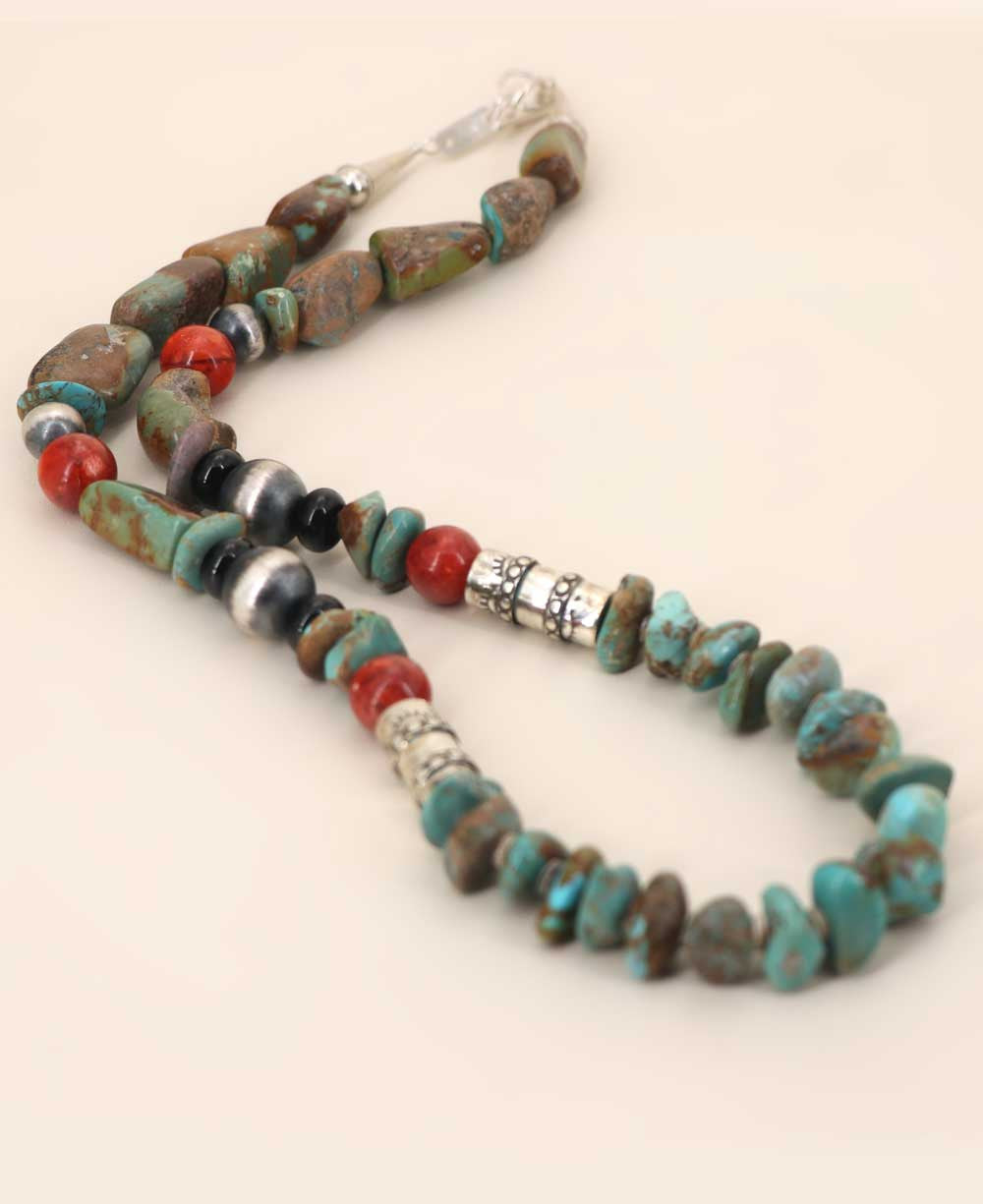 Kingman Turquoise Nugget Necklace with Coral and Silver