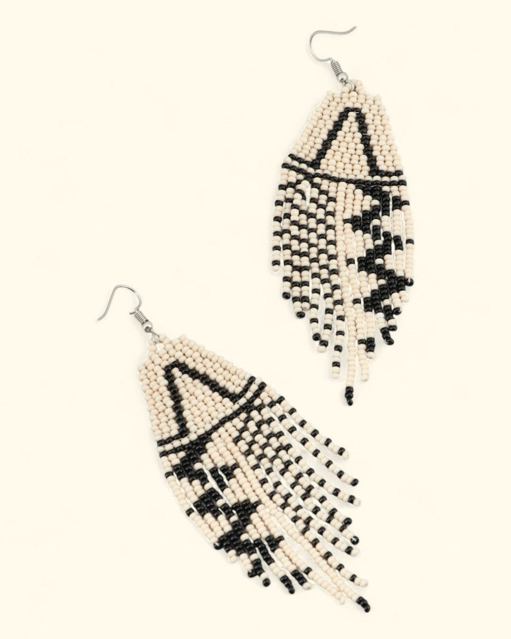 Triangle Motif Beaded Fringe Earrings in Cream and Black