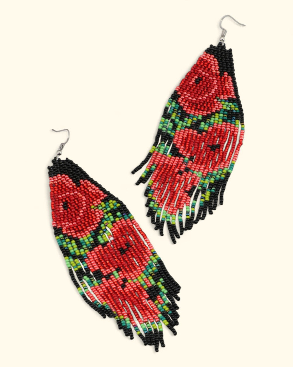 Loomed Rose Fringe Earrings in Red and Black