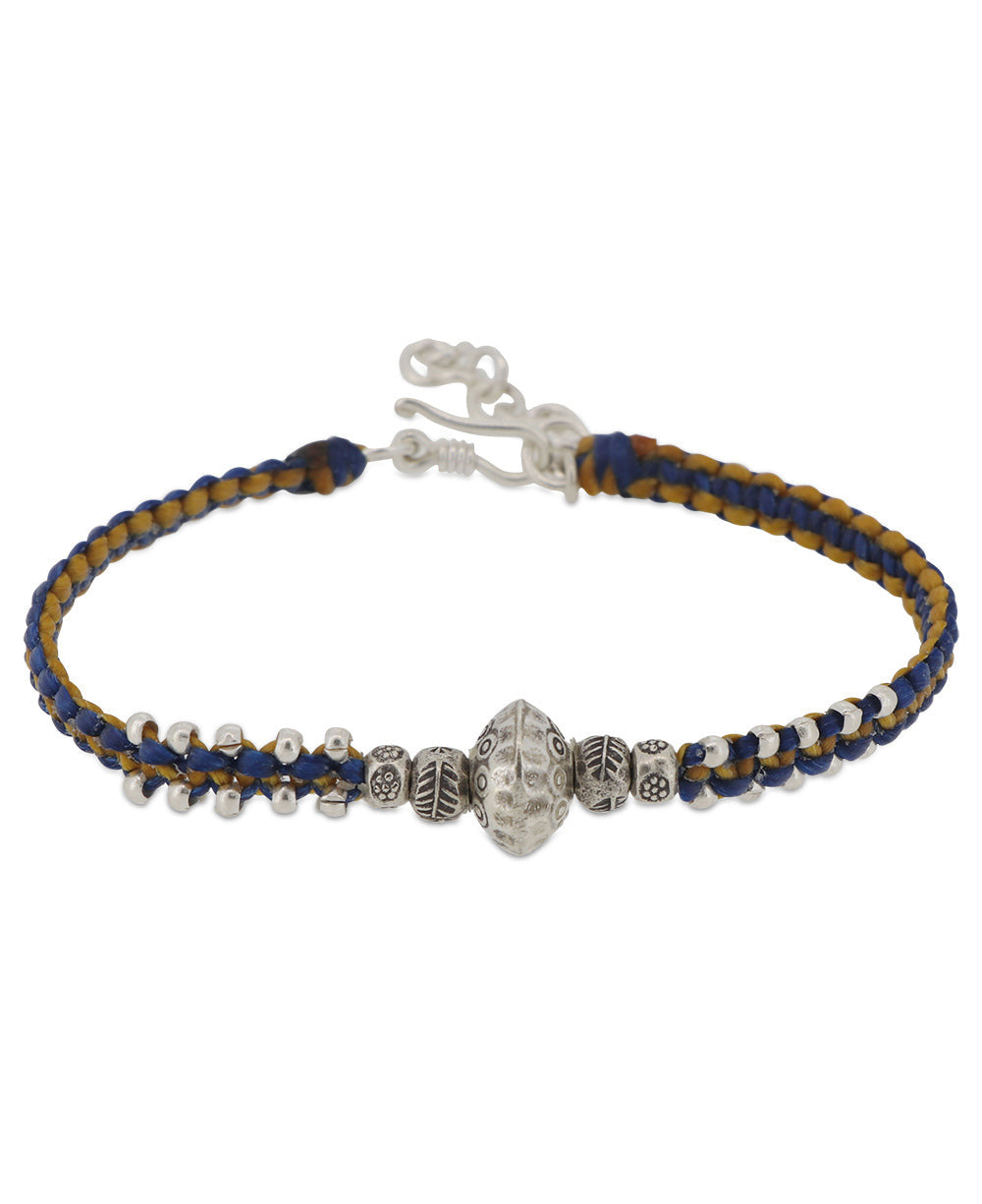 Navy and Mustard Braided Silver Bead Bracelet