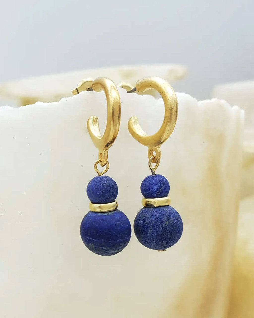 Lapis Two-Bead Drop Hoops
