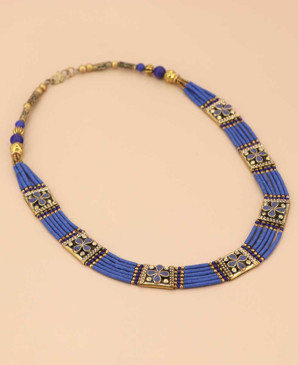 Cobalt Heishi Collar with Brass Floral Plaques