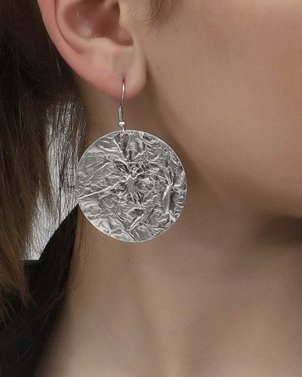 Crushed Silver Disc Drop Earrings