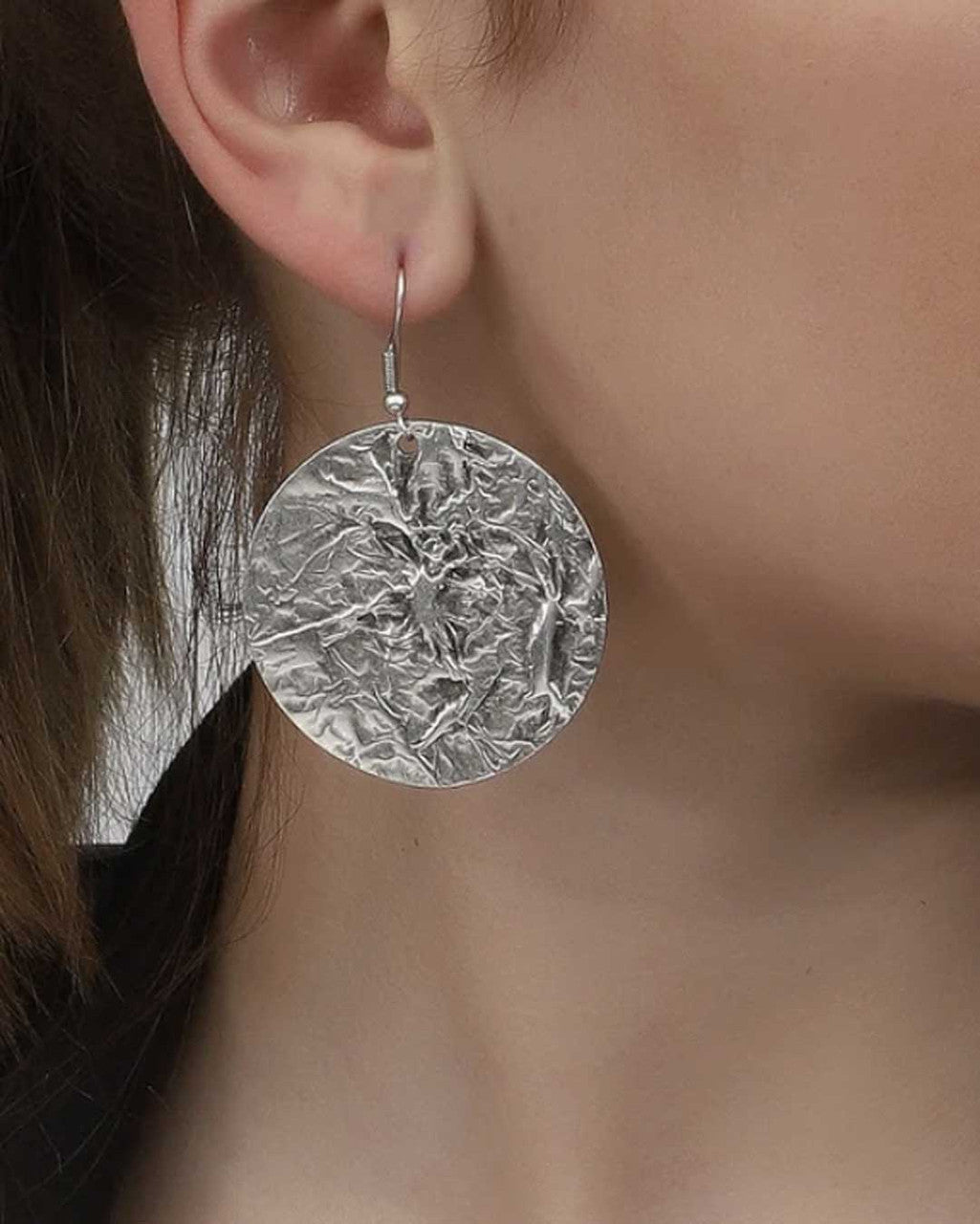 Crushed Silver Disc Drop Earrings