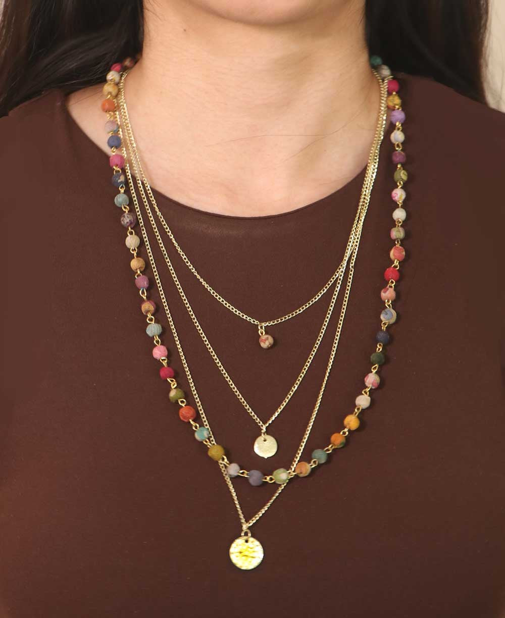 Four-Layer Sari-Bead Necklace with Hammered Discs