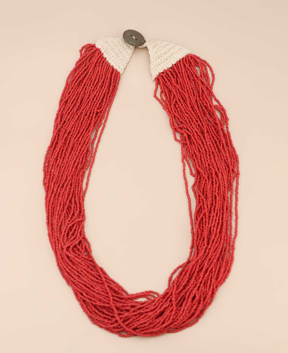 Multi-Strand Scarlet Seed Bead Necklace with Crochet Shoulders