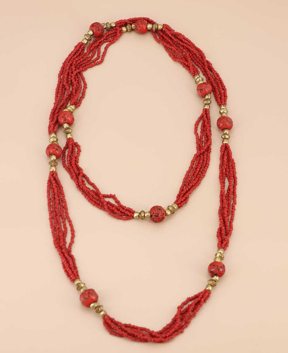 Long Red Bead Rope Necklace