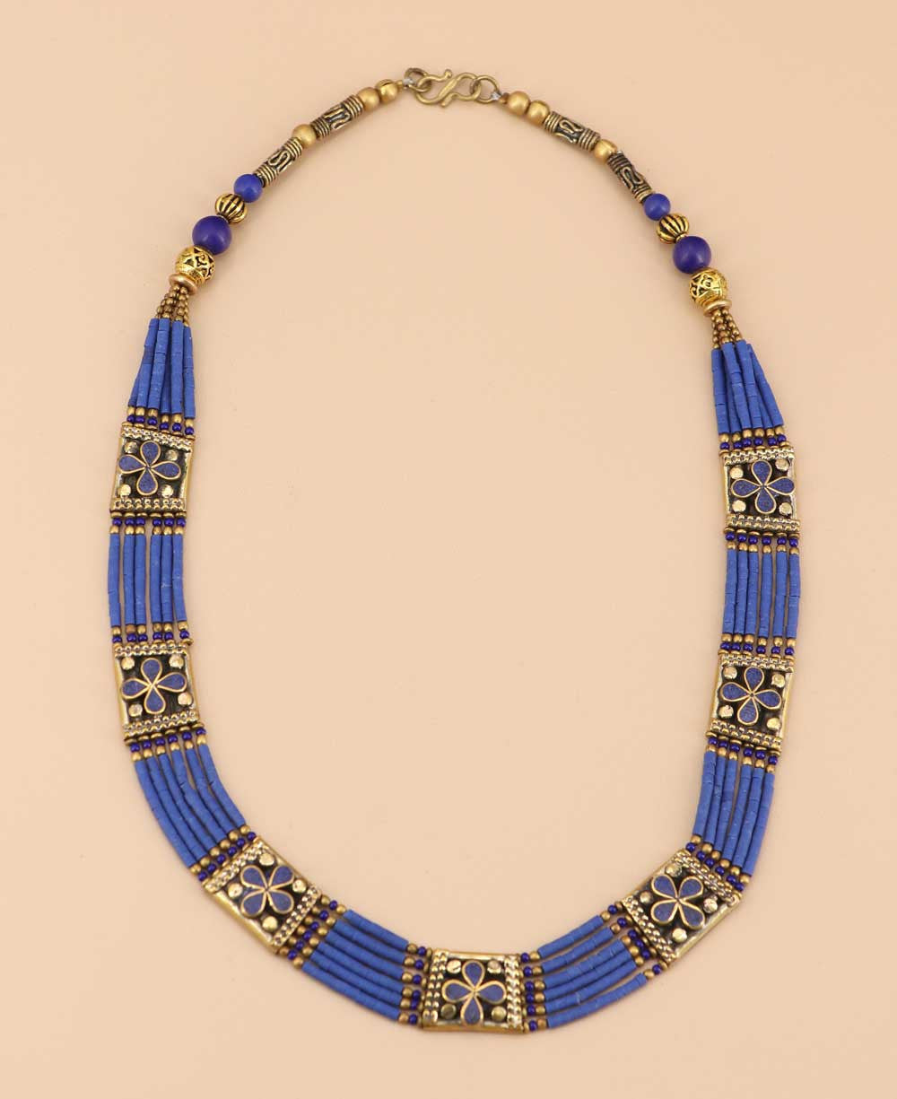 Cobalt Heishi Collar with Brass Floral Plaques
