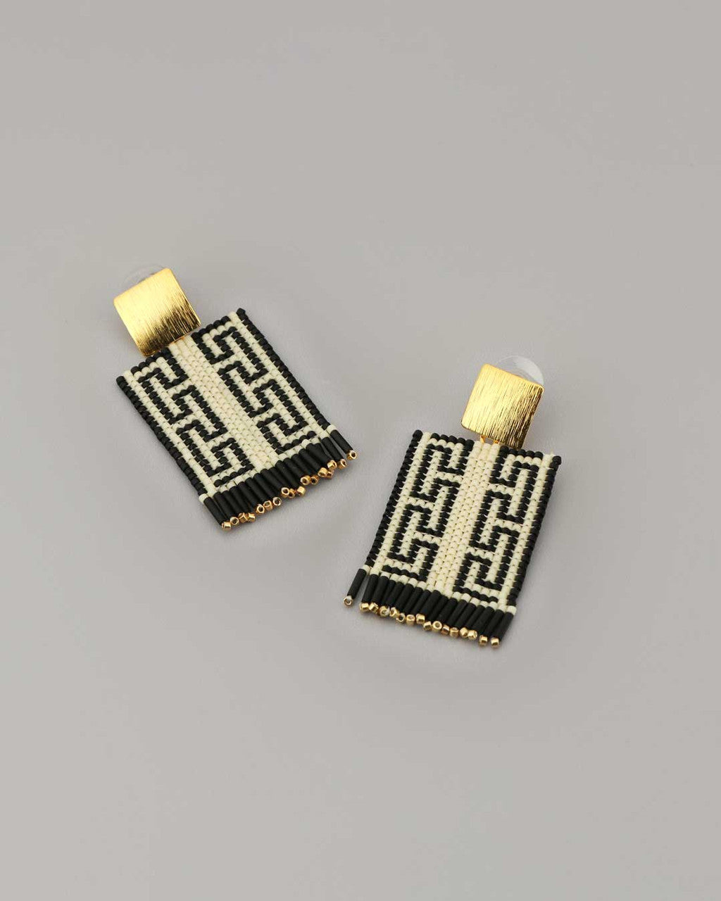 Meander Bead Drop Earrings, Black and Cream