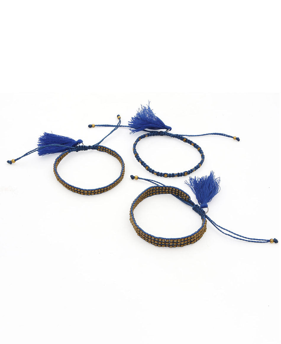 Cobalt and Gold Beaded Cord Bracelet Set