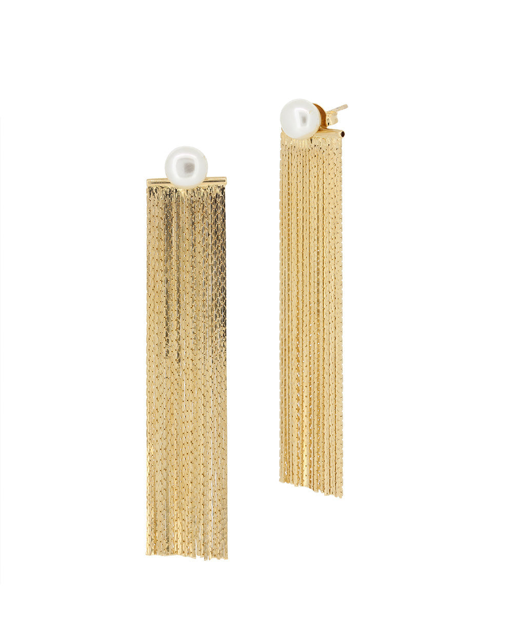 Gold Chain Fringe Earrings with Detachable Pearl Stud