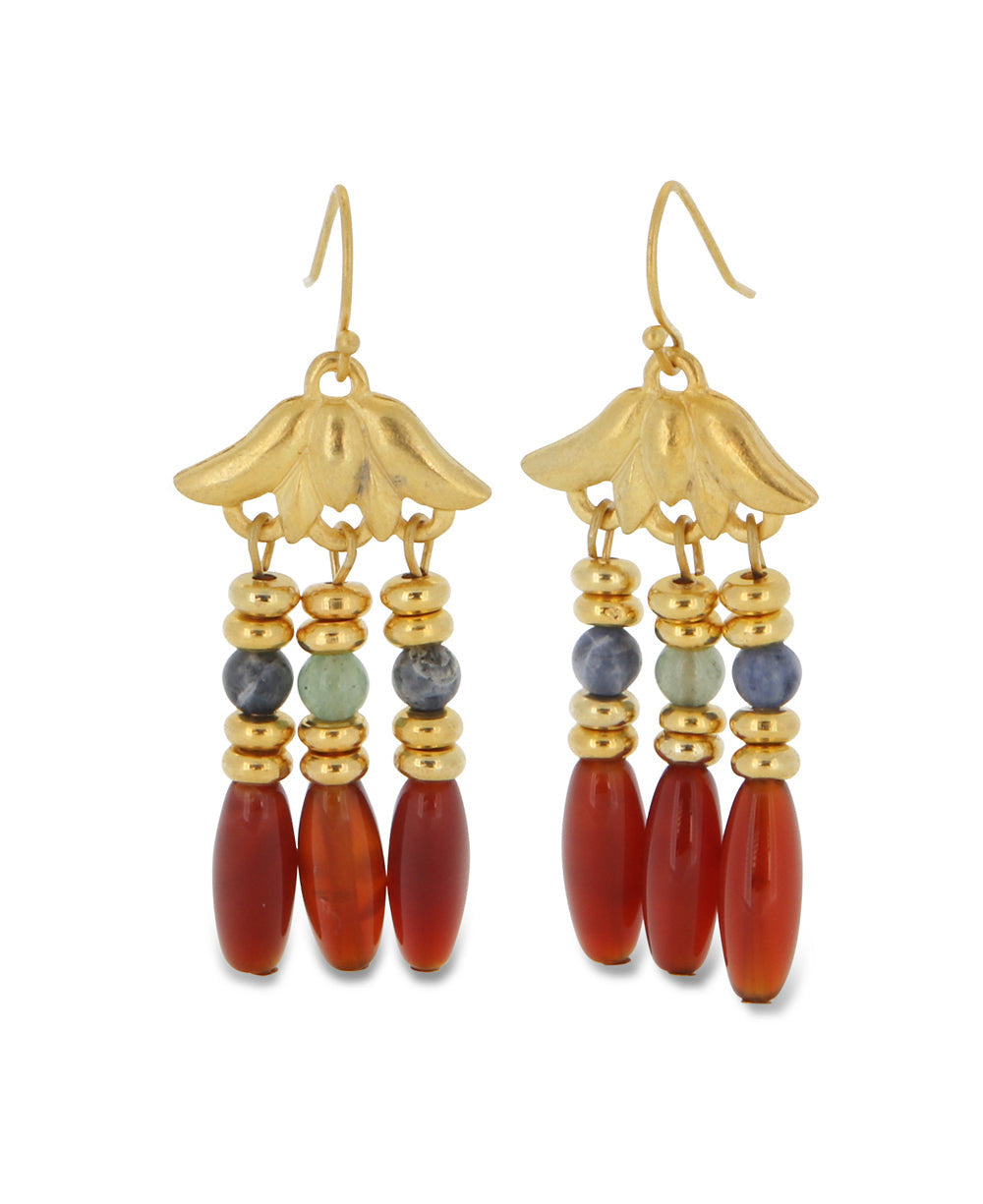 Lotus Cap Triple Drop Earrings with Carnelian and Sodalite