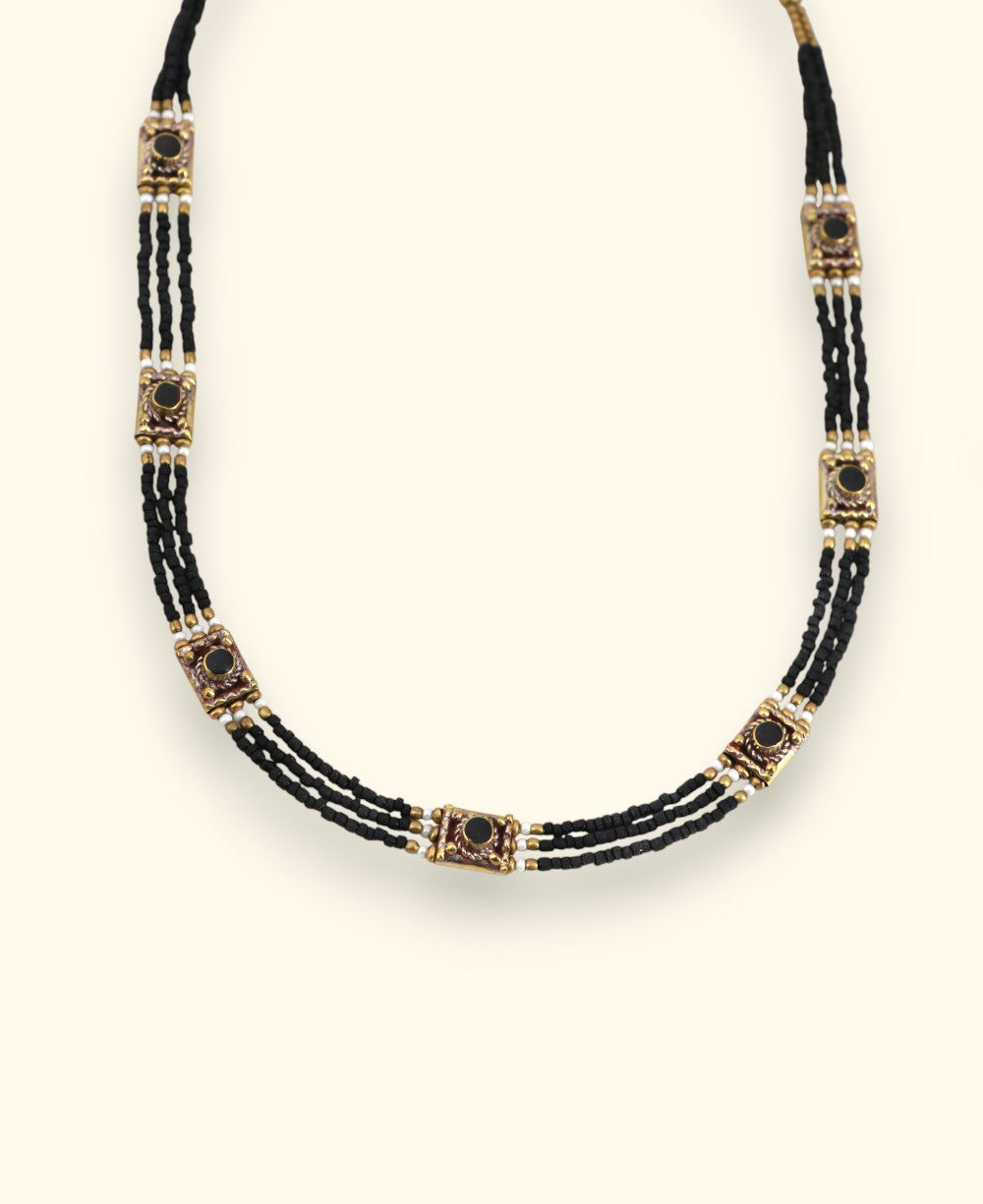 Crimson Heishi Collar with Inlaid Brass Stations