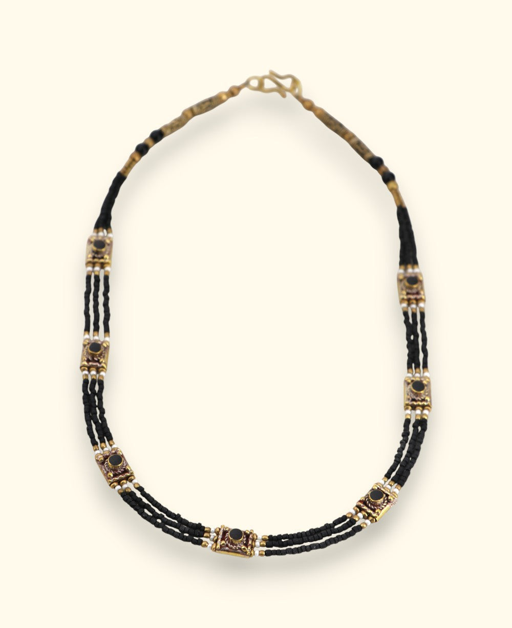 Crimson Heishi Collar with Inlaid Brass Stations