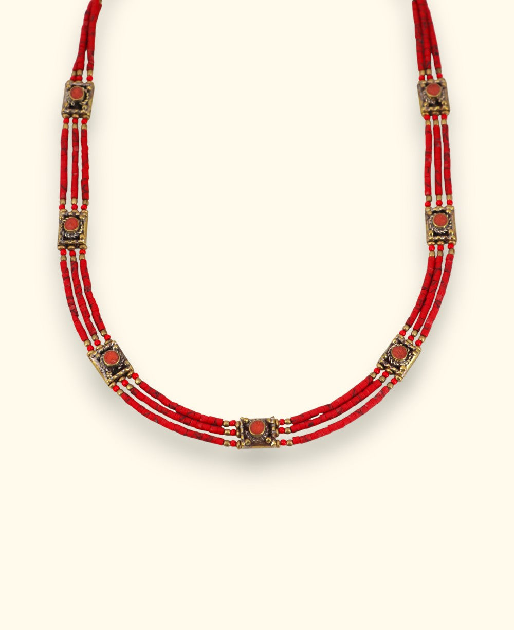 Crimson Heishi Collar with Inlaid Brass Stations