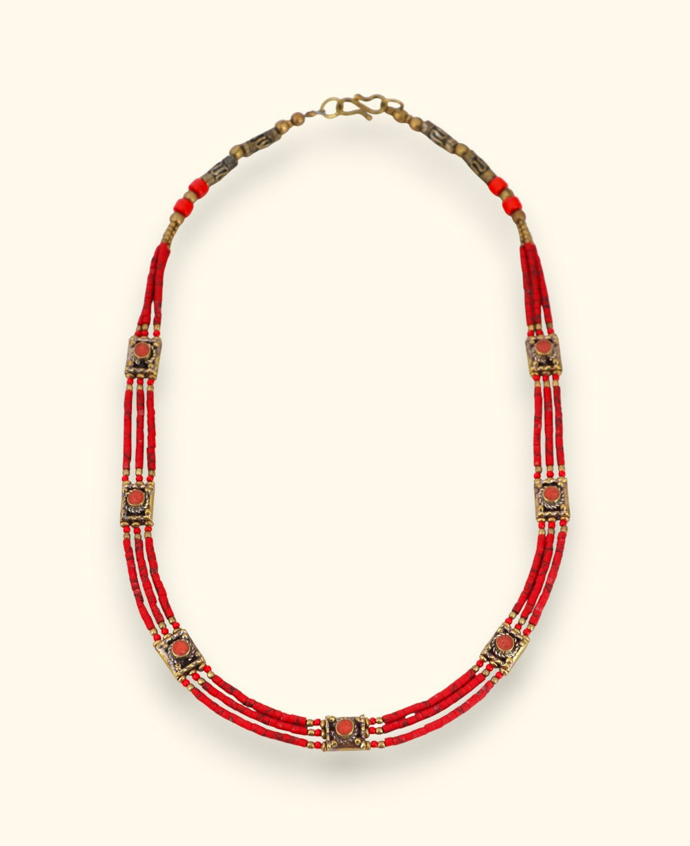Crimson Heishi Collar with Inlaid Brass Stations