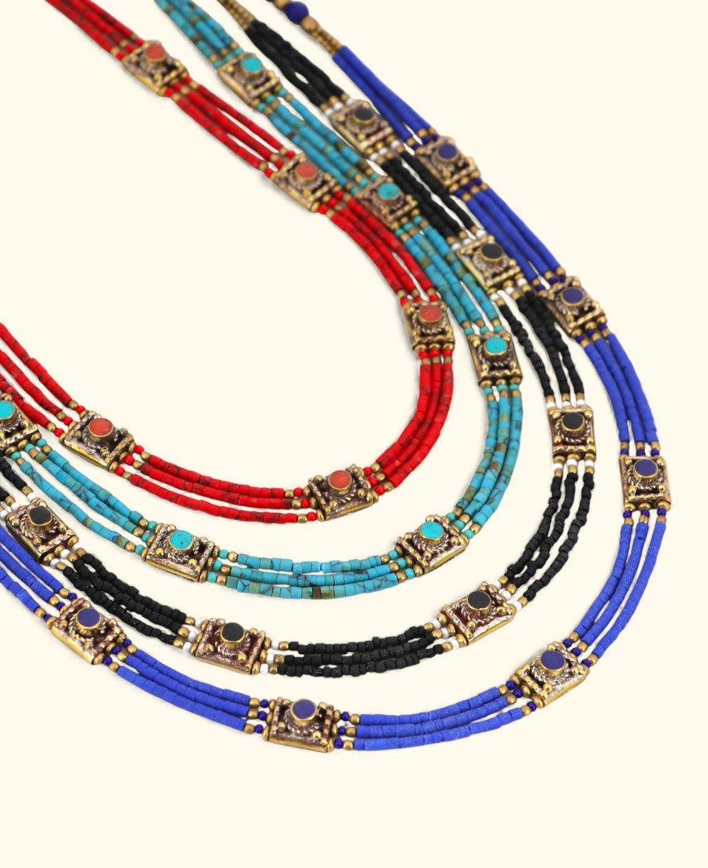 Crimson Heishi Collar with Inlaid Brass Stations