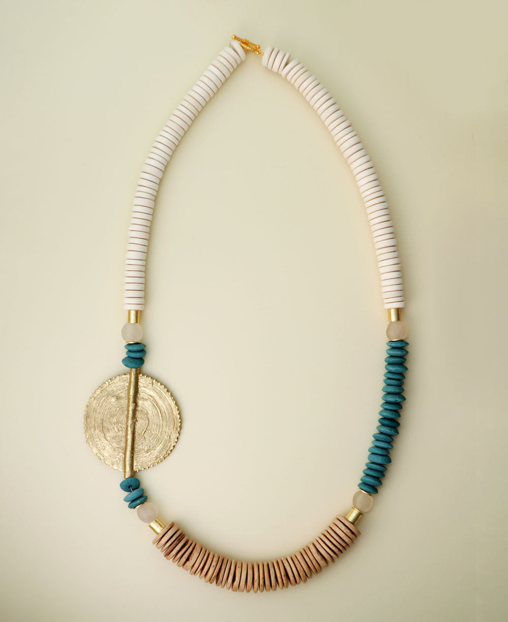 Asymmetric Brass Medallion Necklace with Bone and Teal Beads