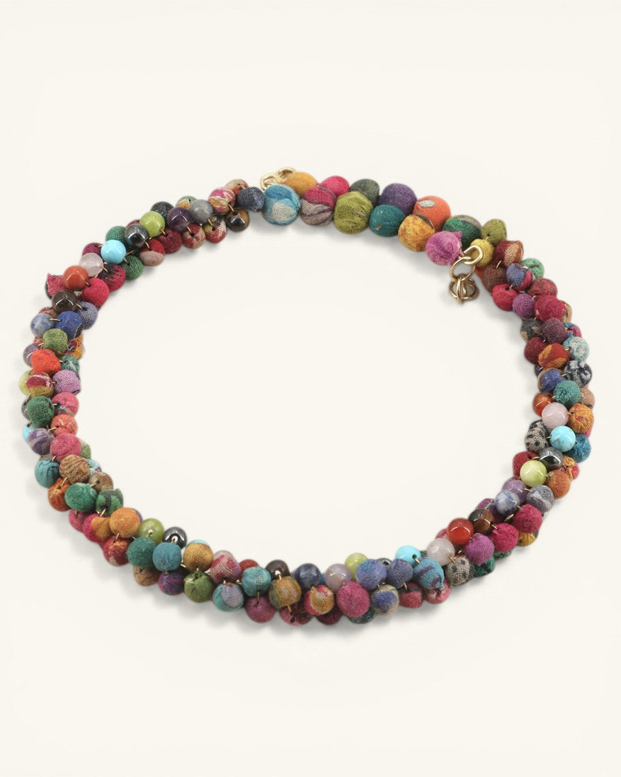 Mixed-Color Fabric-Wrapped Bead Collar Necklace
