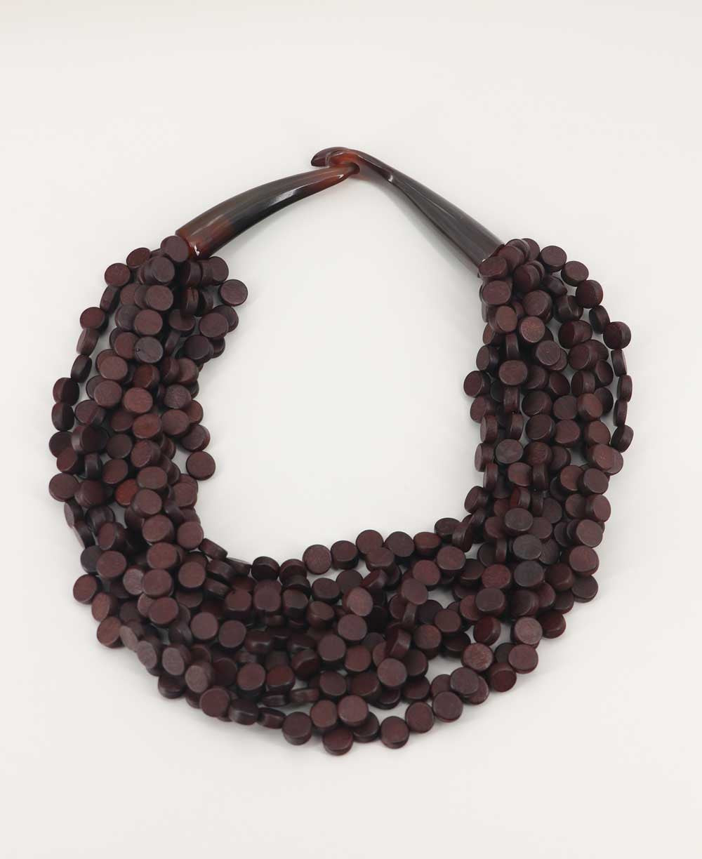 Twisted Multi-Strand Wood Disc Necklace in Deep Brown