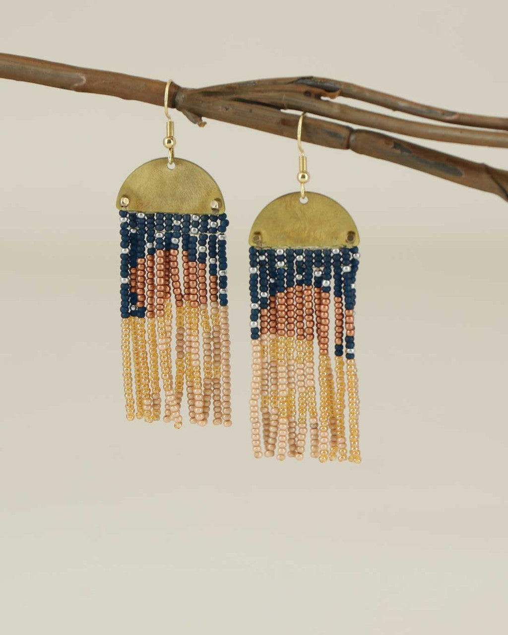 Half-Moon Fringe Earrings in Indigo, Copper and Sand