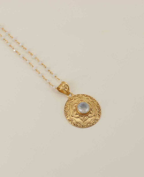 Engraved Medallion Necklace with Rainbow Moonstone
