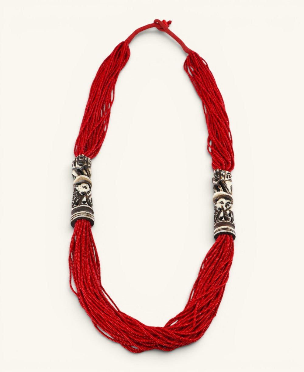 Multi-Strand Red Bead Necklace with Carved Bone Cylinders