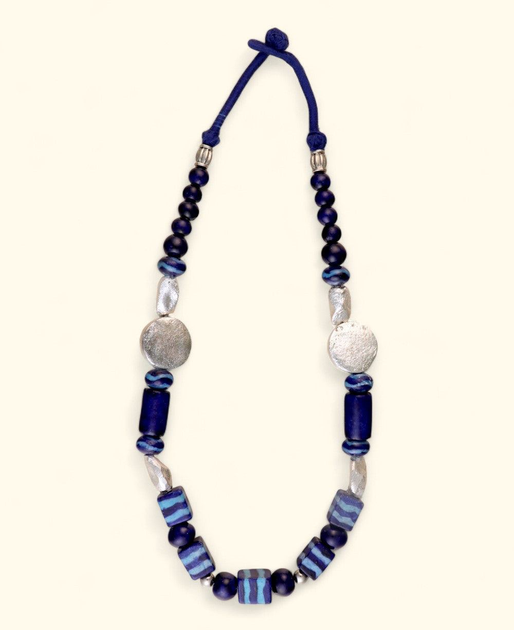 Indigo Ceramic Strand with Hammered Silver-Tone Discs