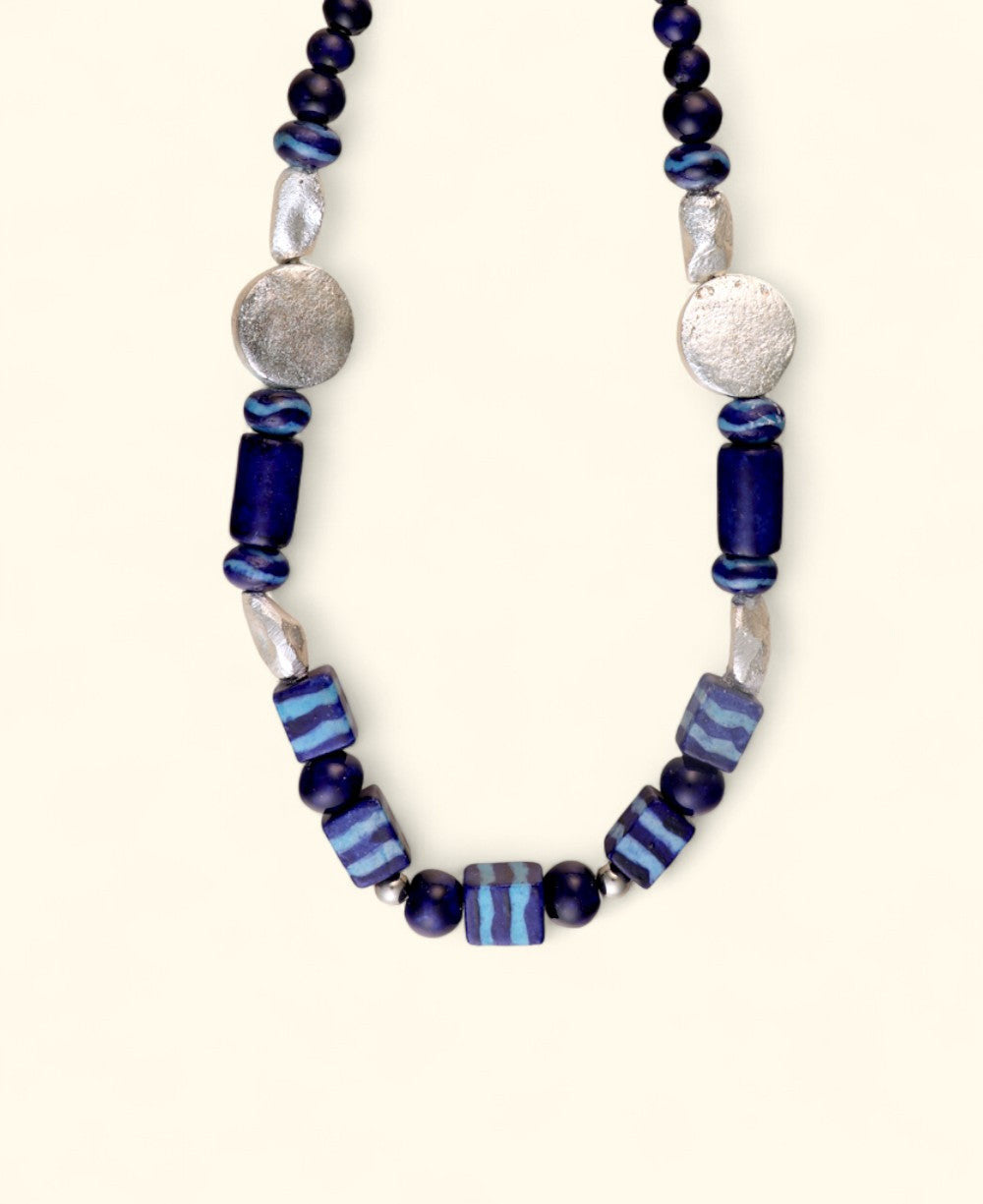 Indigo Ceramic Strand with Hammered Silver-Tone Discs