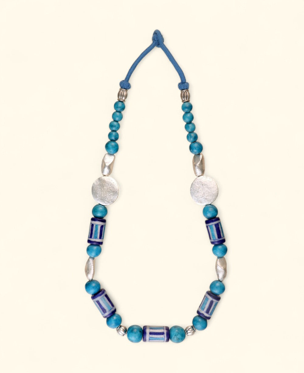 Striped Ceramic Bead Strand with Hammered Silver-Tone Discs